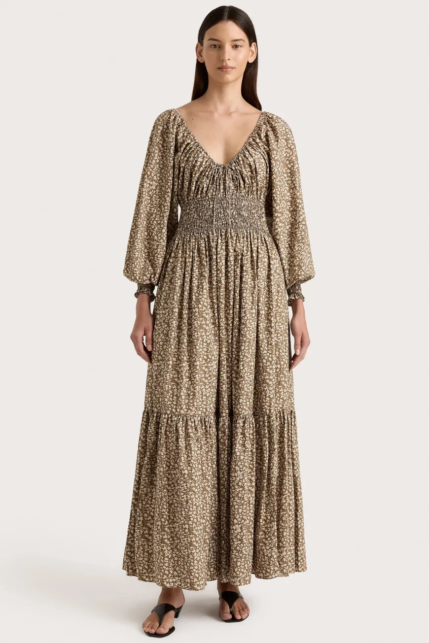 Fleur Maxi Dress Micro Leaves Walnut