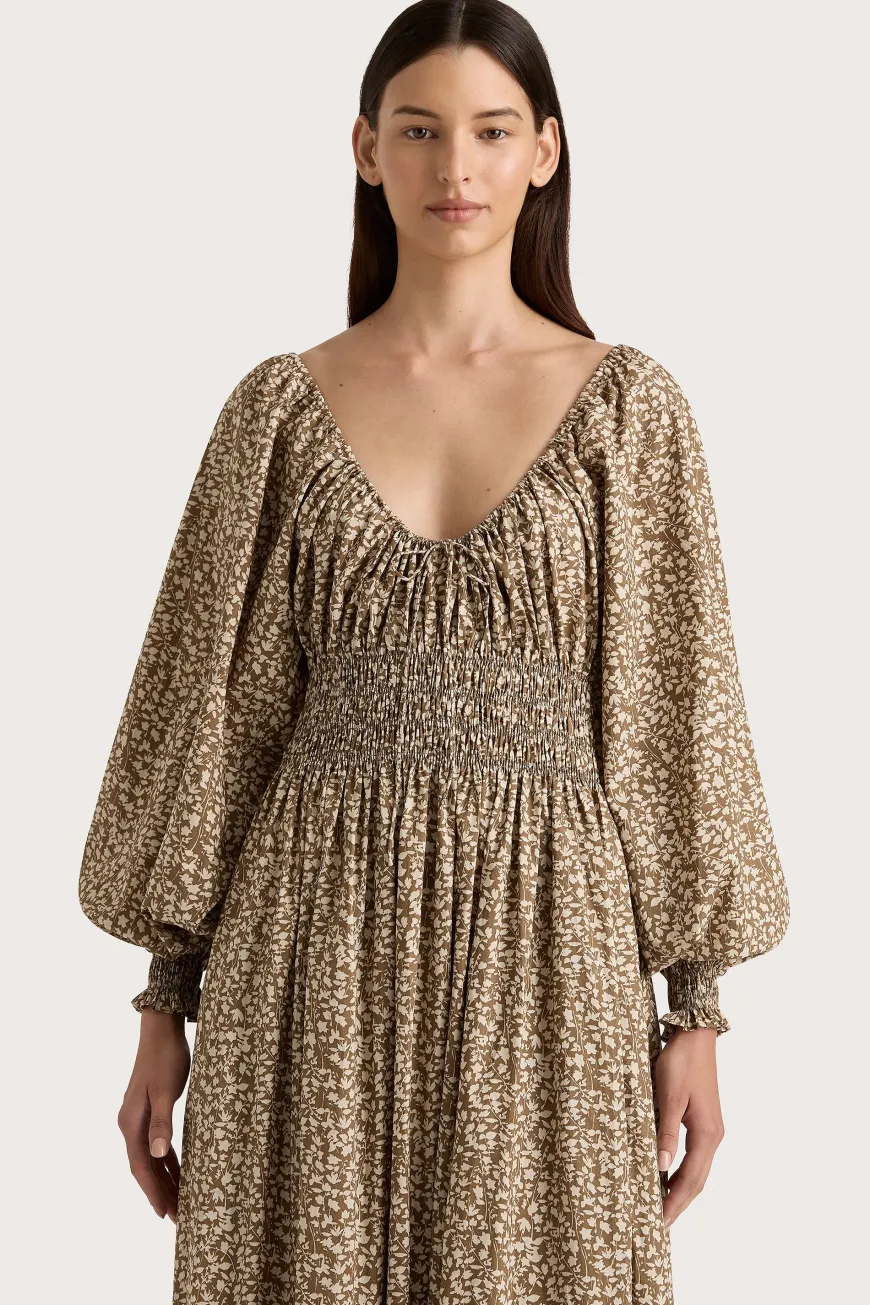 Fleur Maxi Dress Micro Leaves Walnut