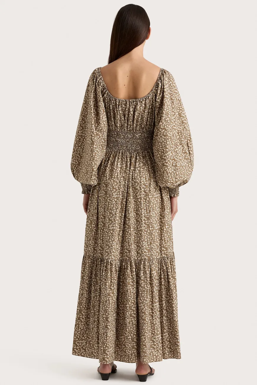 Fleur Maxi Dress Micro Leaves Walnut