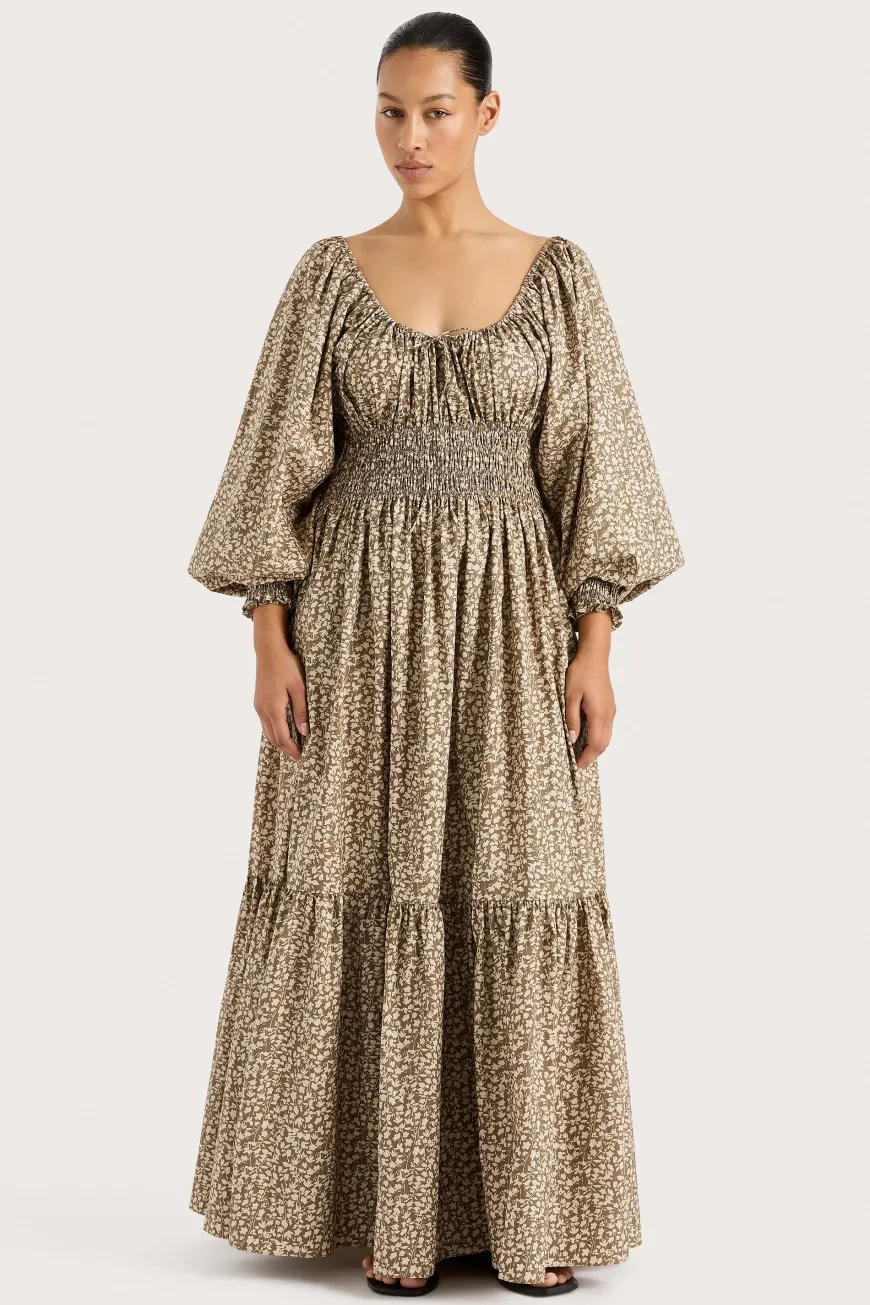 Fleur Maxi Dress Micro Leaves Walnut